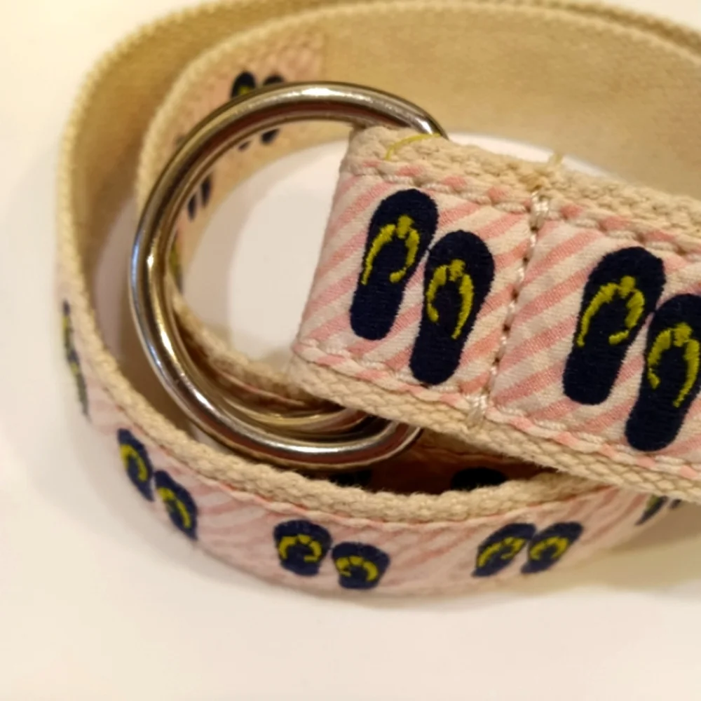 J. Crew Web Belt w/ Flip Flop Embroidery on Pink & White Stripe Seersucker - Picture 2 of 9